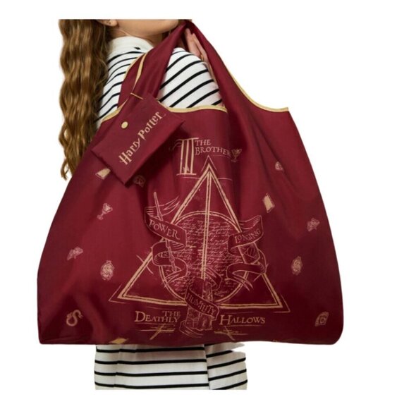 Harry Potter Deathly Hallows Shopping Tote Bag Reusable Red - Picture 1 of 6